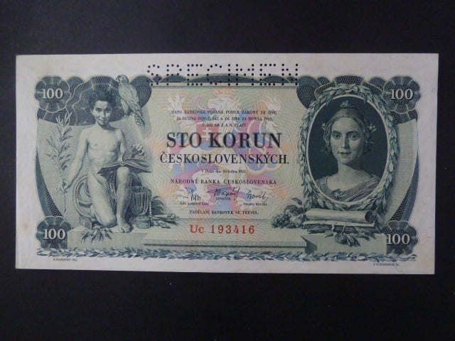 100 Kč 1931 série Uc, III.vydání, perf. SPECIMEN