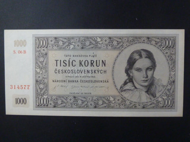 1000 Kčs 16.5.1945 série B 06, perf. 3md nad sebou