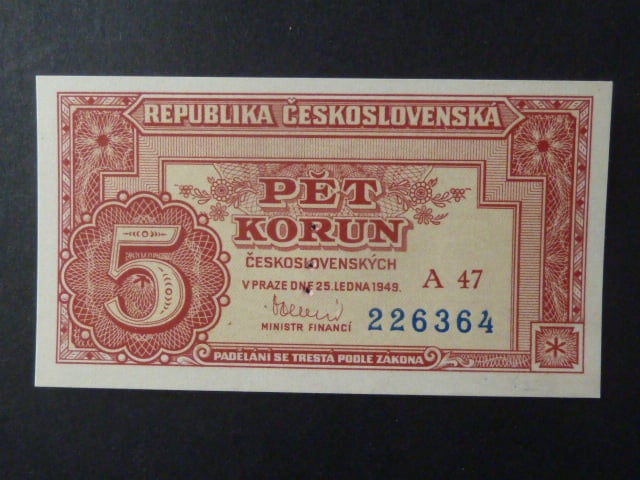 5 Kčs 1949 série A 47, perf. "3md" nad sebou