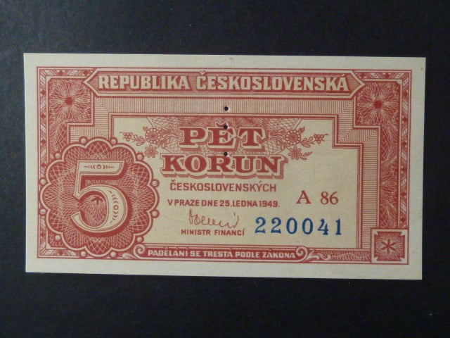 5 Kčs 1949 série A 86, perf. "3md" nad sebou