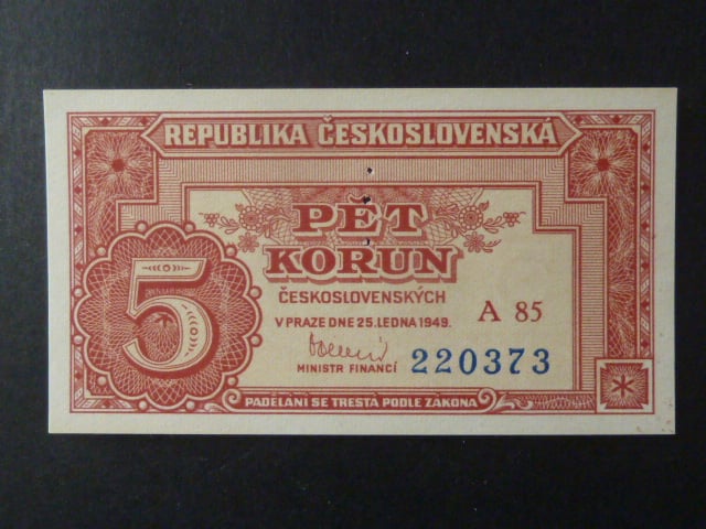 5 Kčs 1949 série A 85, perf. "3md" nad sebou