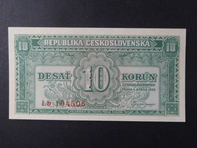 10 Kčs 1950 série Lb, perf. "3md" nad sebou