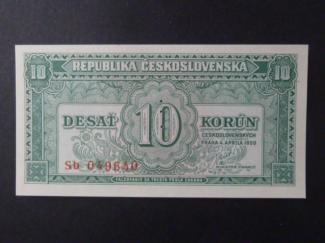 10 Kčs 1950 série Sb, perf. "3md" nad sebou