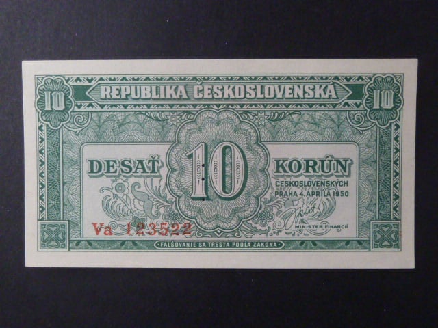 10 Kčs 1950 série Va, perf. "3md" nad sebou