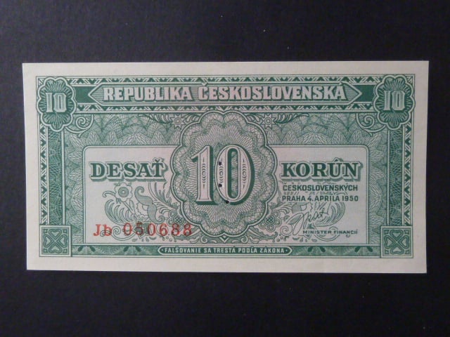 10 Kčs 4.4.1950 série Jb, perf. 3md nad sebou