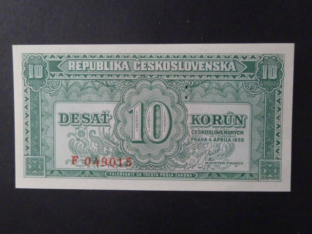 10 Kčs 1950 série F, perf. "3md" nad sebou