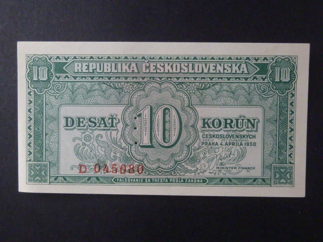 10 Kčs 4.4.1950 série D, perf. 3md nad sebou