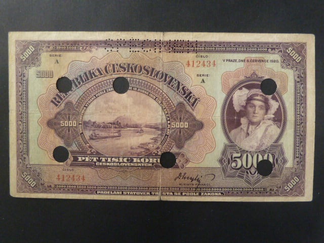 5000 Kč 1920 série A, perf. SPECIMEN + 6x skartační otvor