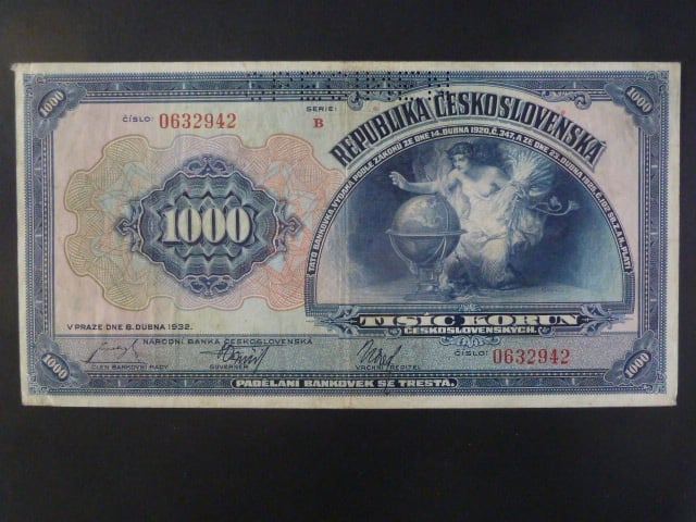 1000 Kč 8.4.1932 série B s perf. SPECIMEN nahoře