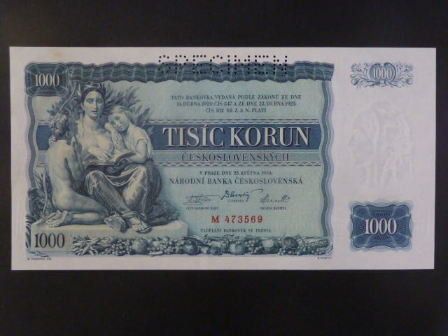 1000 Kč 1934 série M, 1x perf. SPECIMEN