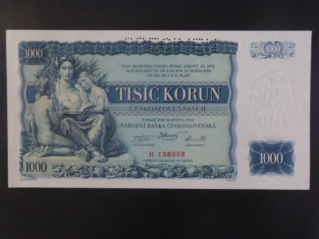 1000 Kč 1934 série H, 1x perf. SPECIMEN
