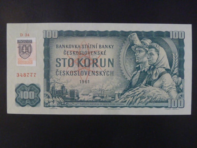 100 Sk/Kčs 1961 série D 34, kolkovaná