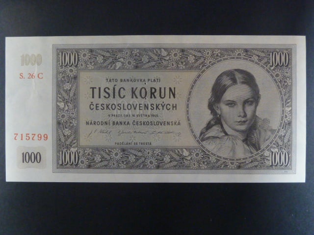 1000 Kčs 16.5.1945 série C 26 s perf. 3md nad sebou