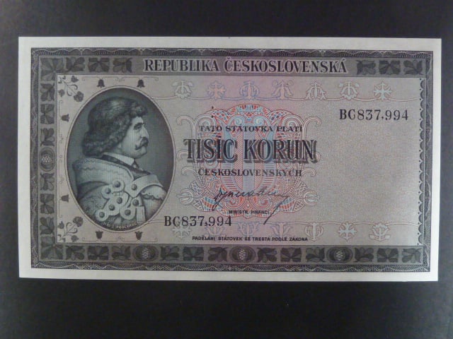 1000 Kčs 1945 série BC, perf. 3md nad sebou
