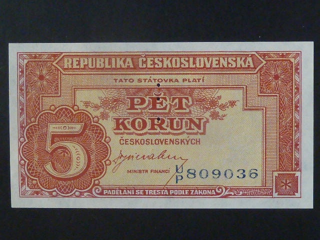 5 Kčs 1945 série U/P, perf. 3md nad sebou