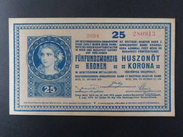 25 K 27.10.1918 série 3034, vydání MRR varianta číslovače "d", s podtiskem na R