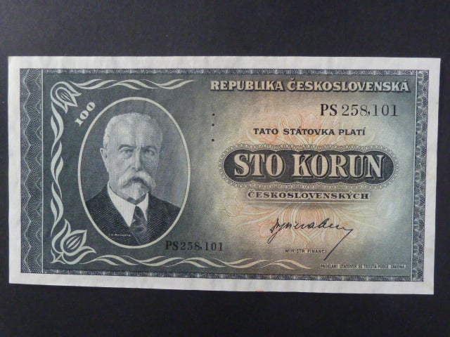 100 Kčs 1945 série PS, perf. 3md nad sebou