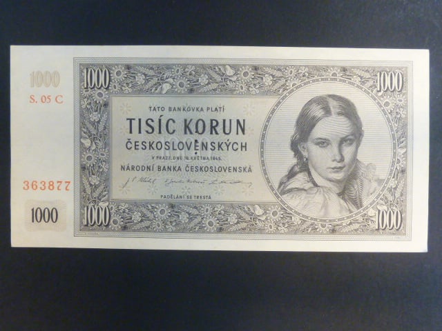 1000 Kčs 16.5.1945 série C 05 s perf. 3md nad sebou
