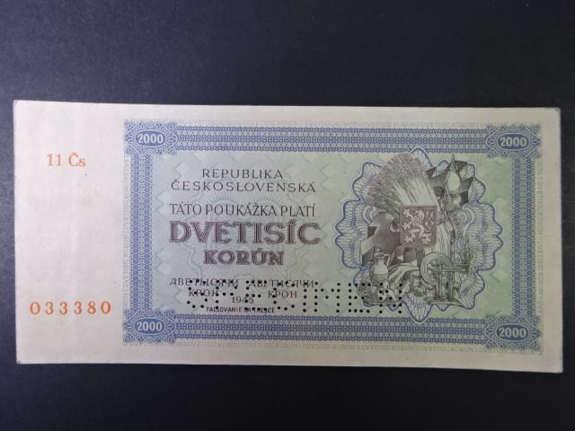 2000 K 1945 série 11 Čs, perf. SPECIMEN dole, poloha vodoznaku A