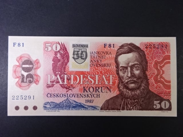 50 Sk/Kčs 1987 série F 81, kolkovaná, sériová čísla dál od sebe