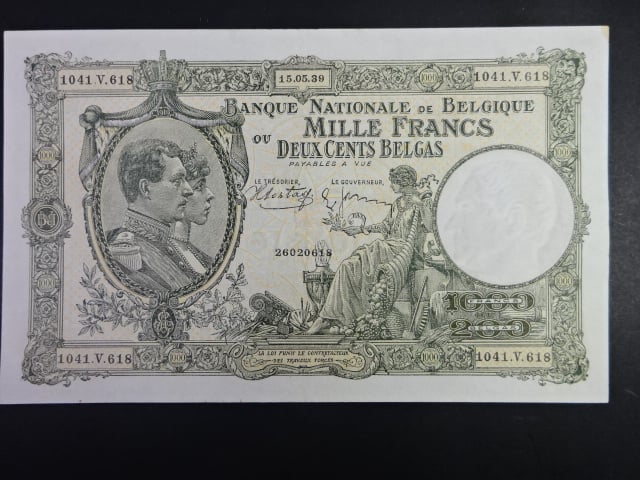 1000 Francs / 200 Belgas 15.5.1939, BNB. B104c, Pi. 104