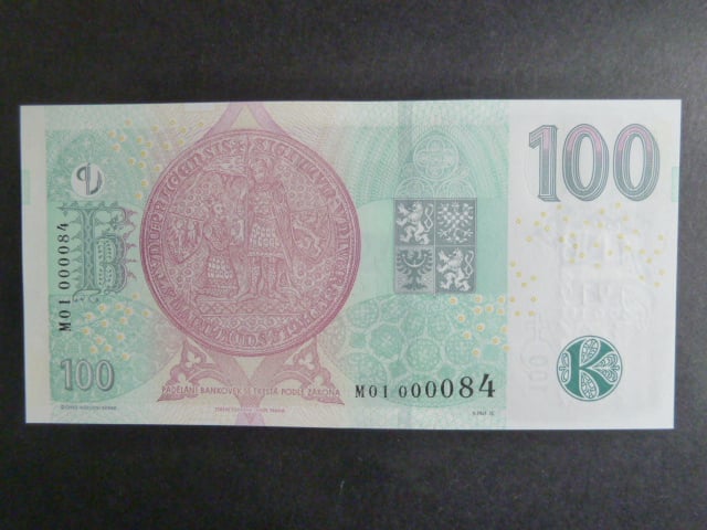 100 Kč 2019 série M 01 000084 s přítiskem ČNB 100 LET Kč 1919 - 2019 první série