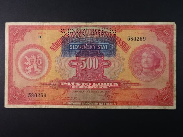 500 Ks 1929/1939 s přetiskem série H, perf. 1x SPECIMEN nahoře