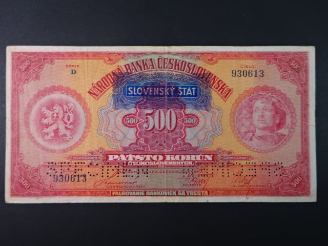 500 Ks 1929/1939 s přetiskem série D, perf. 2x SPECIMEN dole