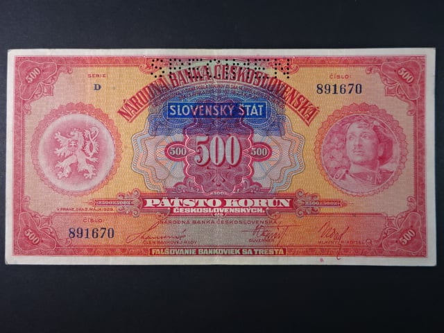 500 Ks 1929/1939 s přetiskem série D, perf. 1x SPECIMEN nahoře
