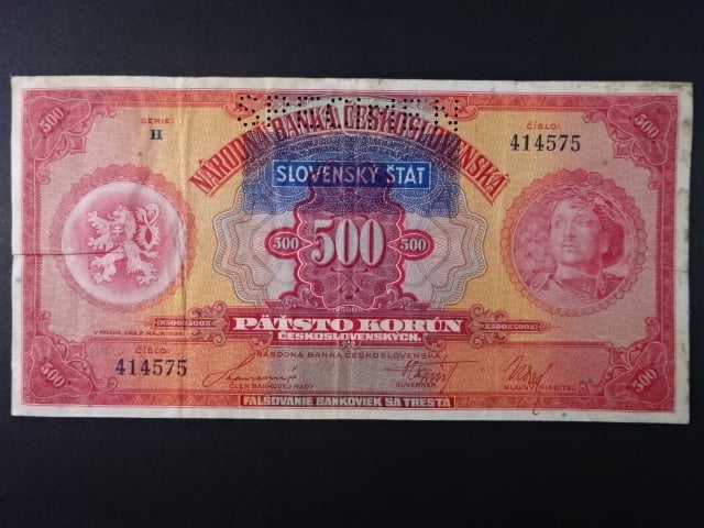 500 Ks 1929/1939 s přetiskem série H, perf. 1x SPECIMEN nahoře