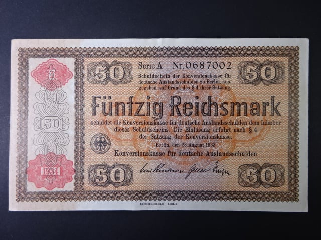 Konversionskassenschein, 50 RM 28.8.1933 série A s přetiskem 1/1934 v giloši, Ro. 712a, Grab. DEU-236a