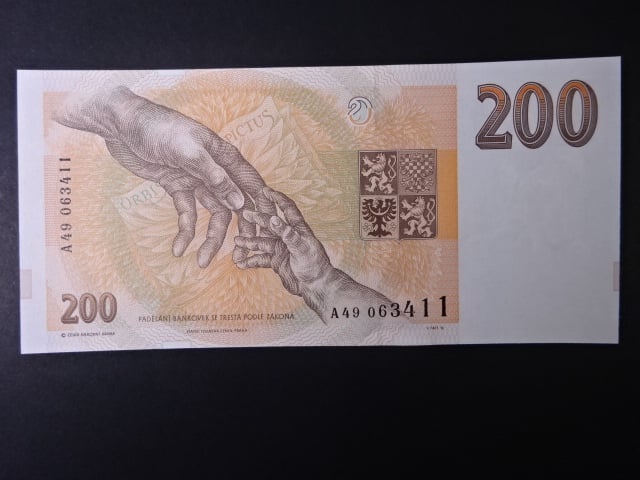 200 Kč 1993 série A 49 proužek Kčs, bílý papír