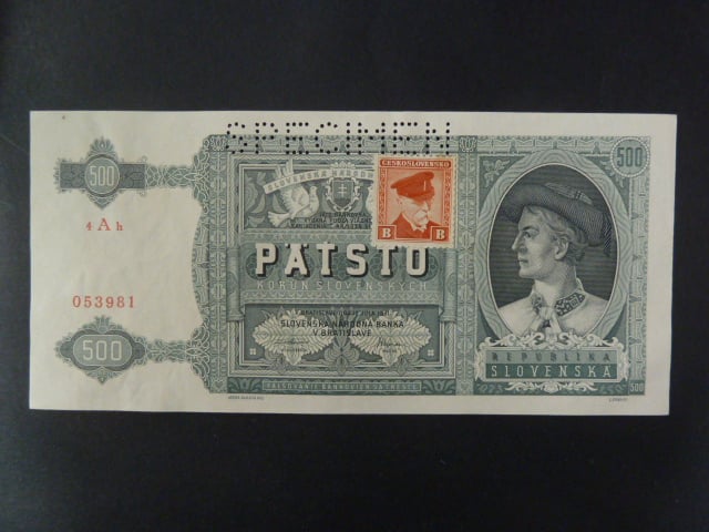 500 Ks 1941 kolkovaná série 4Ah, perf. SPECIMEN nahoře