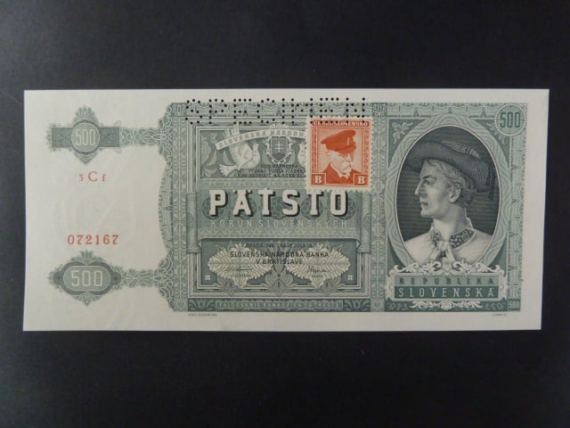 500 Ks 12.7.1941 kolkovaná série 3Cf, perf. SPECIMEN nahoře