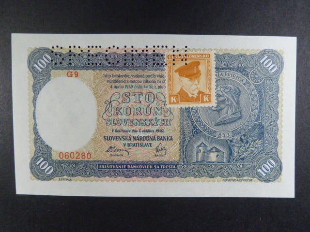 100 Ks 7.10.1940 I.vydání, kolkovaná série G9 perf. SPECIMEN nahoře