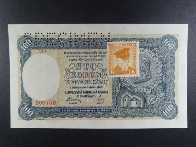 100 Ks 7.10.1940 II.vydání, kolkovaná série D4, perf. SPECIMEN nahoře