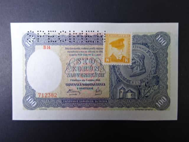 100 Ks 1940 I.vydání, kolkovaná série B 14, perf. SPECIMEN nahoře