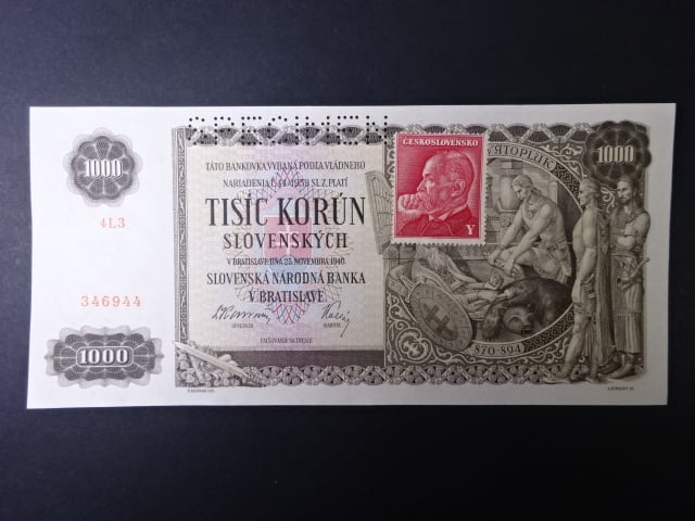 1000 Ks 25.11.1940, kolkovaná série 4L3, perf. SPECIMEN nahoře