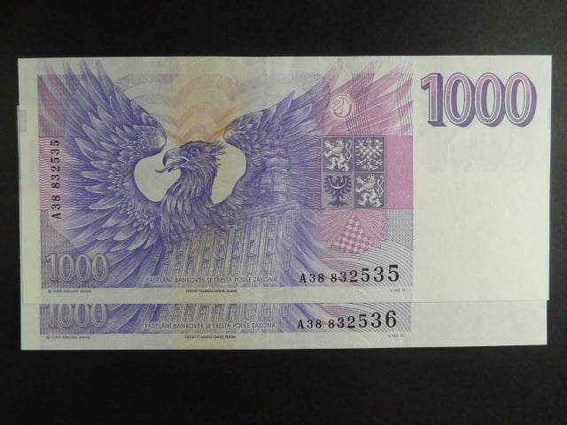 1000 Kč 1993 série A 38 2x bankovka s čísly po sobě
