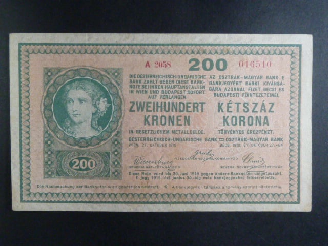 200 K 27.10.1918, serie A 2058 s podtiskem na R, vydání MMR