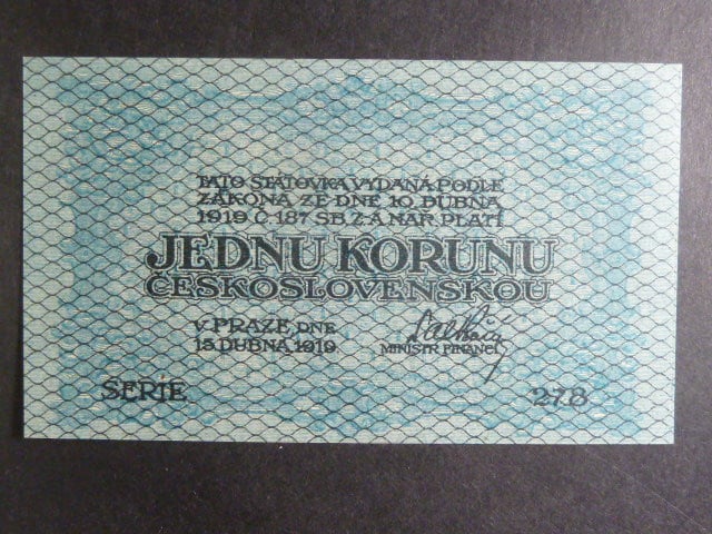 1 Kč 1919 série 278, modro-zelená