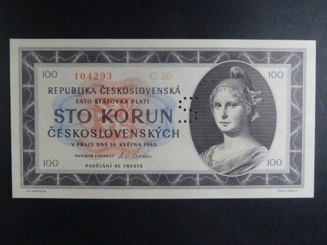 100 Kčs 1945 série C 20, perf. "S"