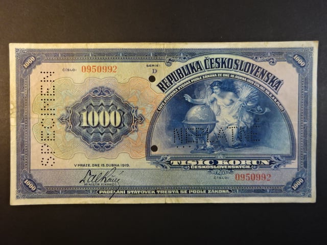 1000 Kč 15.4.1919 serie D bankovní vzor s per. NEPLATNÉ + SPECIMEN + 2x perf. otvor