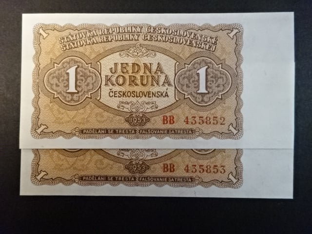 1 Kčs 1953 série BB, tiskárna Goznak Moskva, dva kusy s čísly po sobě