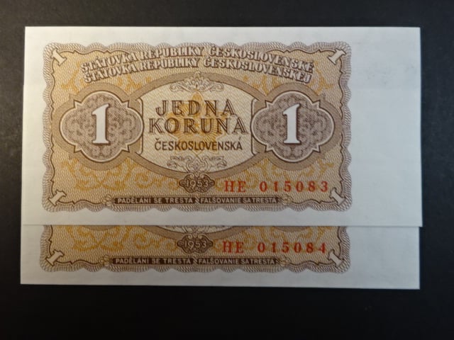 1 Kčs 1953 série HE, tiskárna STC Praha, dva kusy s čísly po sobě