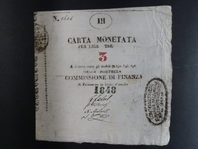 Lombardsko - Benátsko, Palmanova Carta Monetata 3 Lire 1848, Ri. B49b