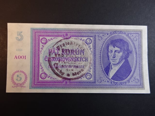 5 K 1938/40 série A 001, ruční přetisk
