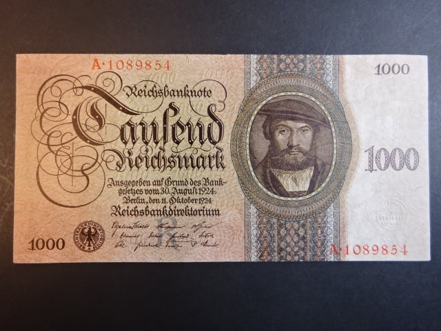 Německo, 1000 RM 1924 série A, podtiskové písmeno R, Ba. D9