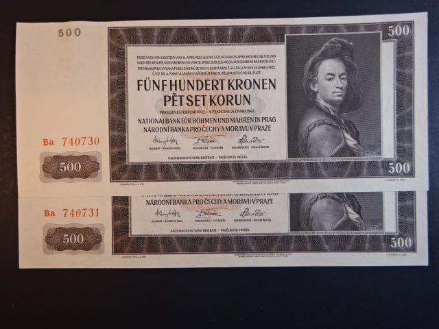 500 K 1942 série Ba, II. vydání, 2 kusy s čísly po sobě