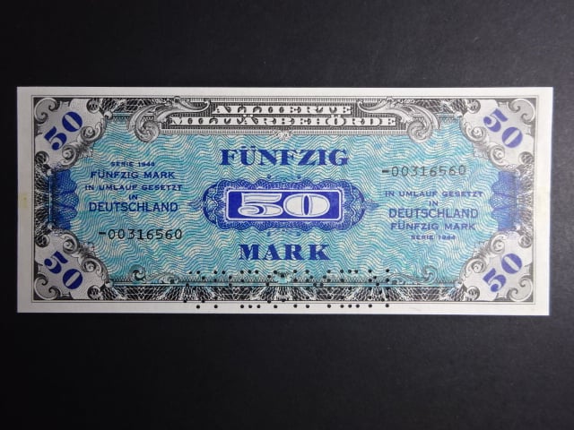 Německo, Alliierte 50 M 1944 USA číslovač 8-míst, perf. SPECIMEN, Ba. AM6b, vzácná varianta